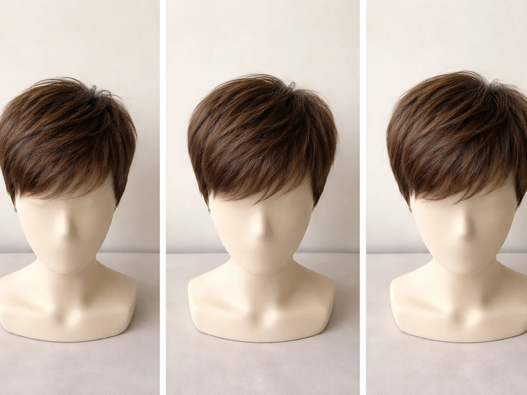 Three front-top views of a short pixie haircut on anonymous mannequin heads showing gradual growth stages