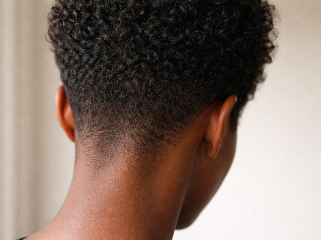 Close-up of a black hair pixie grow-out at the nape showing short undercut underlayers and longer top hair