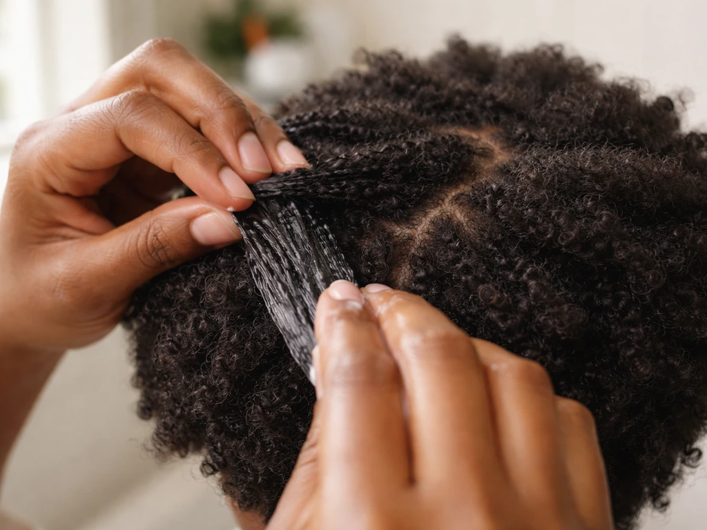 Close-up of black hair being finger-detangled section by section with a creamy leave-in conditioner