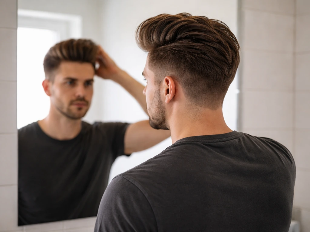 Adult man with a high-volume quiff swept back, tapering sides, in a bright bathroom mirror setting.