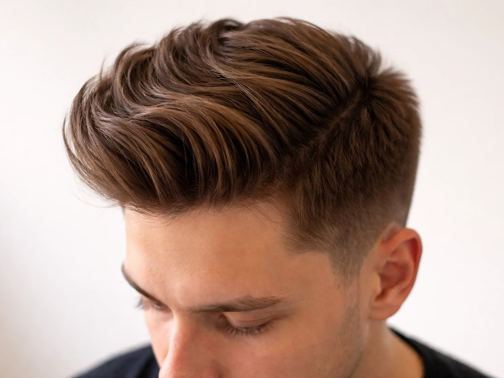 Close-up front-top view of a quiff showing lifted front volume sweeping back into tapered sides.