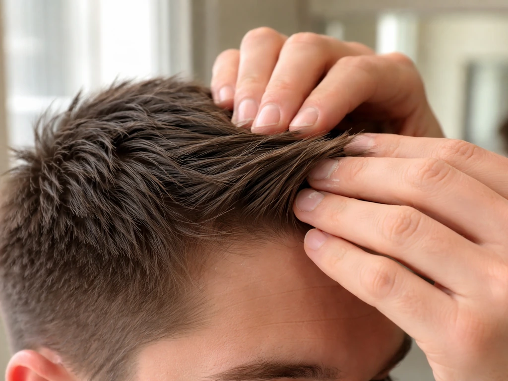 Hands applying a pea-sized hair clay to short hair, training the front to lay in the right direction.