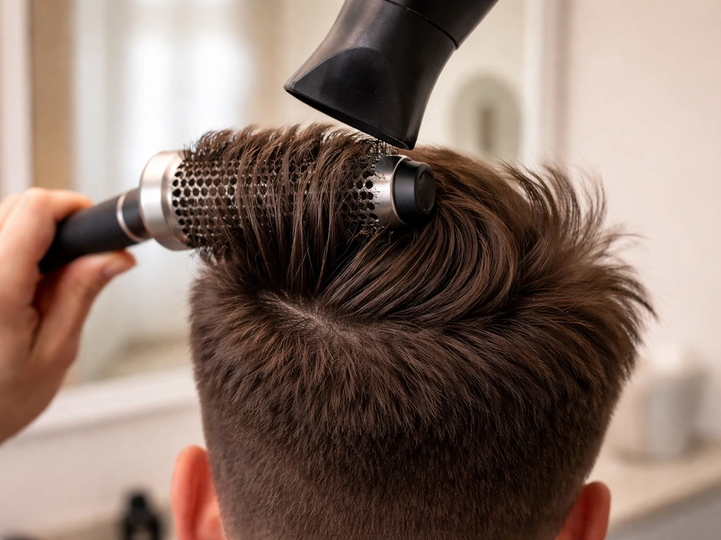 Anonymous person getting a round-brush blow-dry to lift and shape a quiff with 2.5–4 inch top hair.