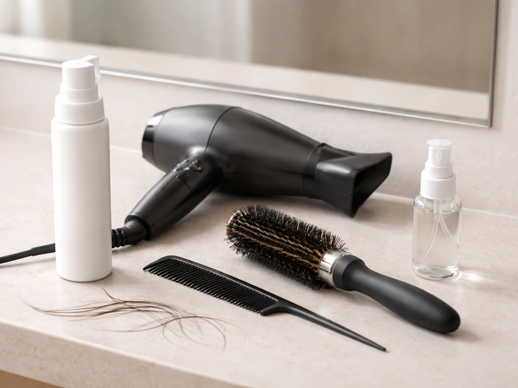 Minimal flat-lay of volumizing mousse, blow-dryer, round brush, and comb on a light countertop.