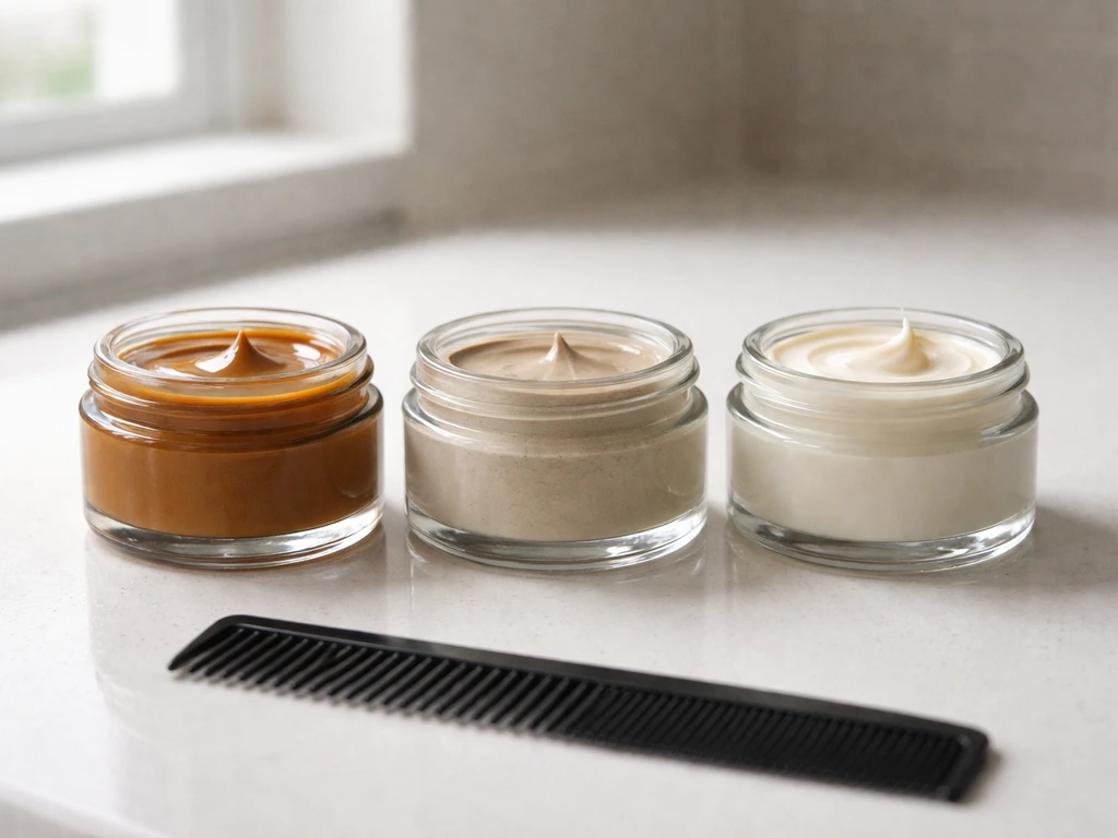 Three small hair styling jars—wax, clay, and cream—on a clean bathroom counter with a comb in soft light.