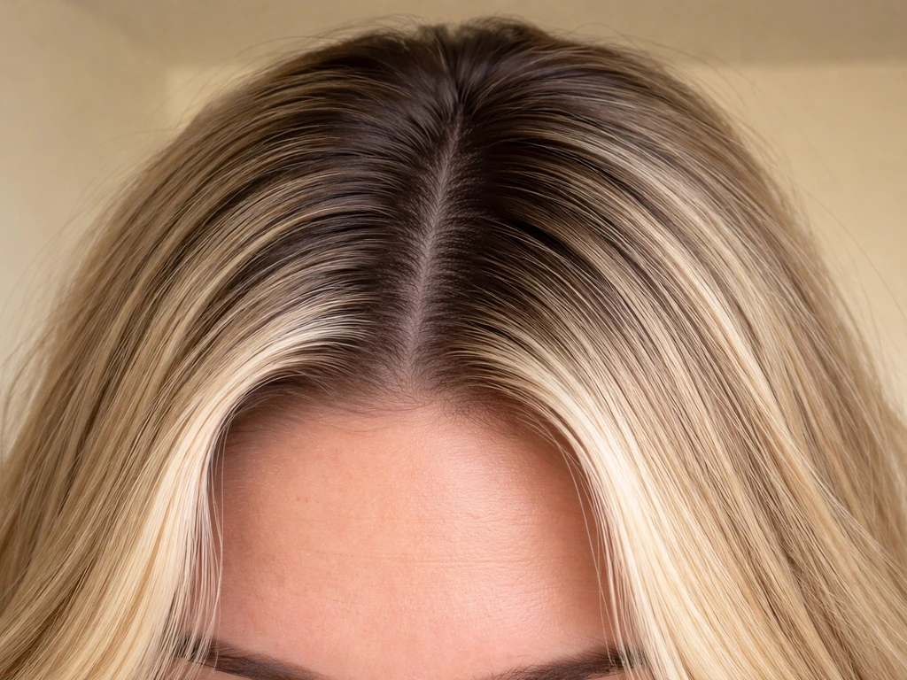 Close-up of highlighted hair with subtle darker root regrowth blending naturally.