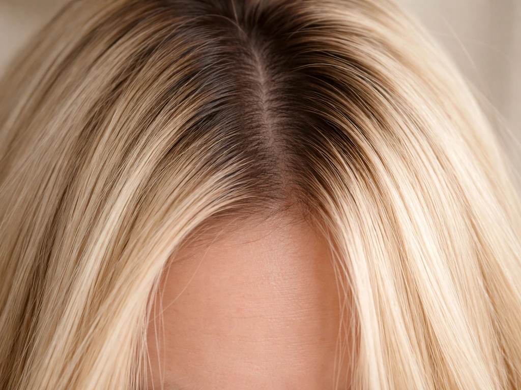 Hair strands showing regrowth at the scalp while lighter highlight lengths stay lighter