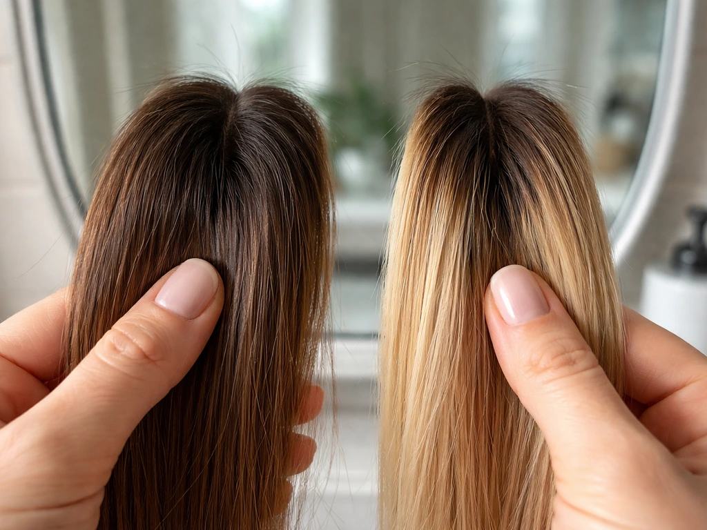 Close-up of hands holding natural vs highlighted hair sections side-by-side to compare root contrast.