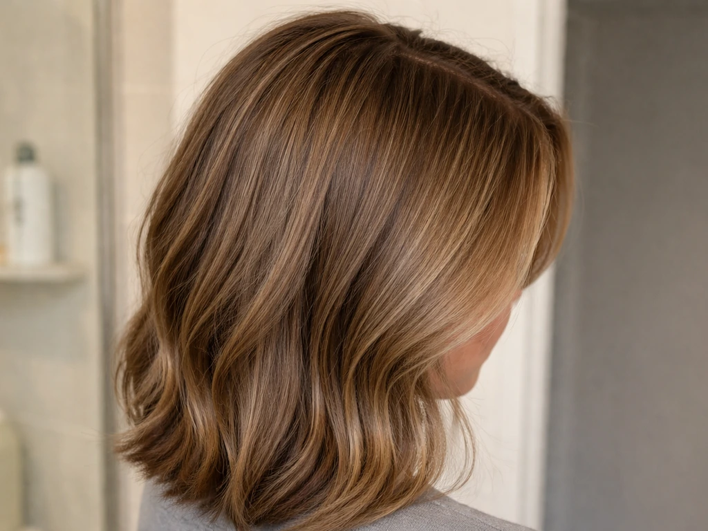Close view of shoulder-length hair styled with an uneven side part showing a broken demarcation line