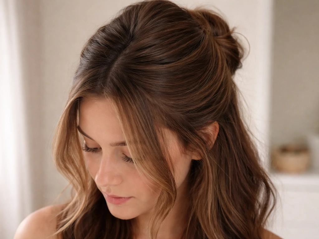 Half-up twisted bun style covering the root area, with the rest of the hair left down.