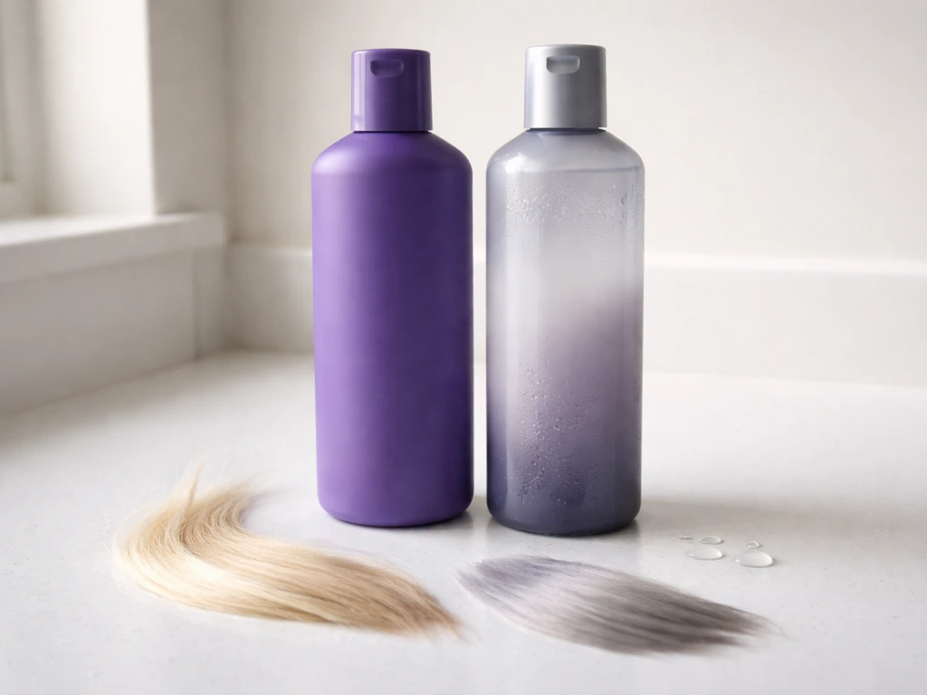 Purple shampoo and toning shampoo bottles beside lightened hair strands showing neutralized tones.