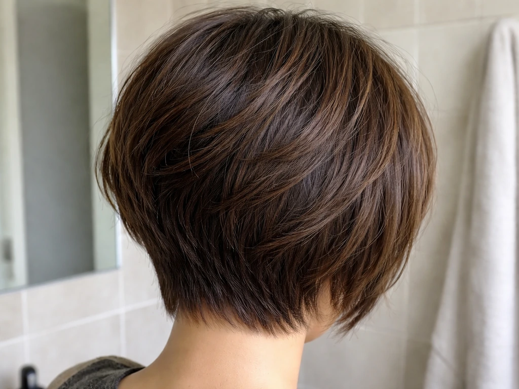 Close-up of thick hair being styled, showing short pixie regrowth length transitioning toward a bob.