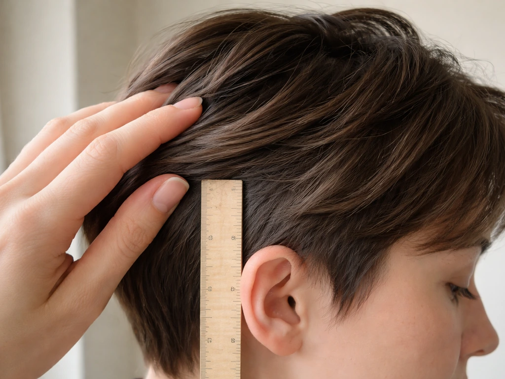 Close-up of a hand combing short hair with a simple ruler near the hairline to show growth