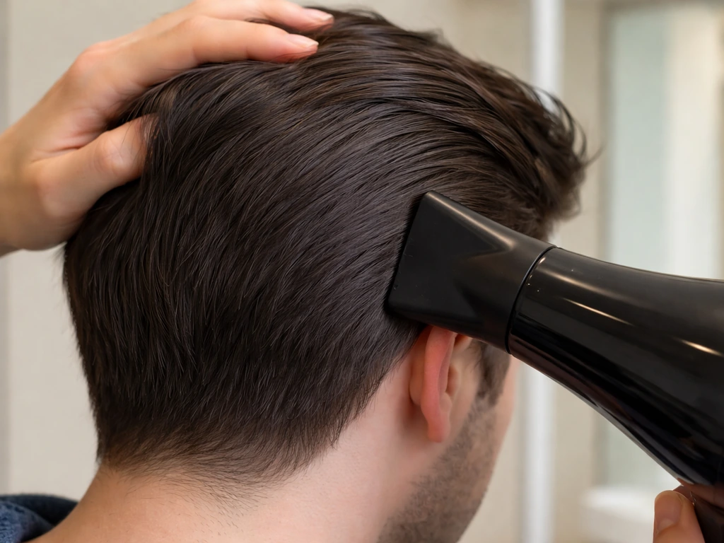 Concentrator nozzle blow-drying thick hair at the sides, smoothing root-to-midshaft flat against the head.