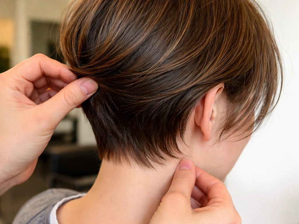 Close-up of a grown-out pixie nape showing neat layered haircutting and maintained neckline shape.