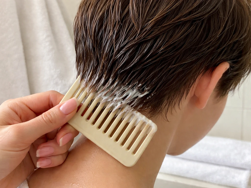 Hands detangling short pixie ends with a wide-tooth comb while applying a creamy hair mask for moisture.