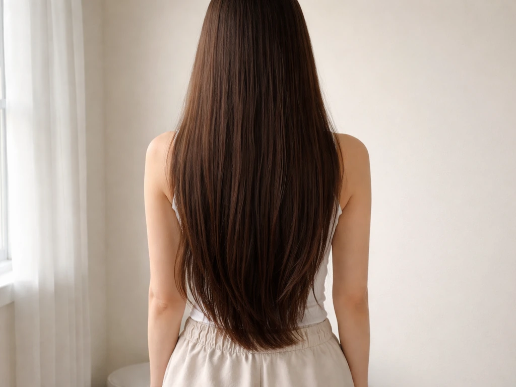 Classic-length hair falling over the hips/waist in soft natural light, smooth and healthy-looking.