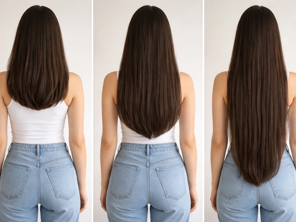 Person modeling three hair lengths: shorter above waist, classic length at top of hips, longer past waist.