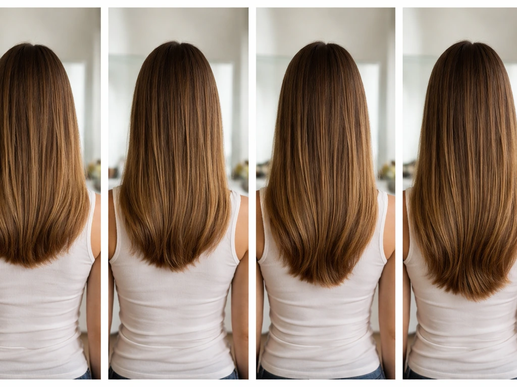 Four-panel realistic photo showing anonymous hair ends growing slightly at 4–8 weeks, 3, 6, and 12+ months.