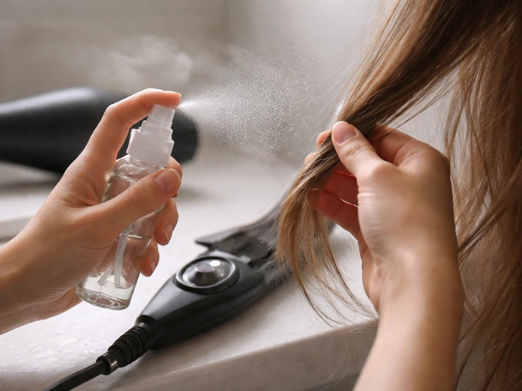 Hands apply heat protectant to hair with a hair dryer near a visible thermometer setting dial.