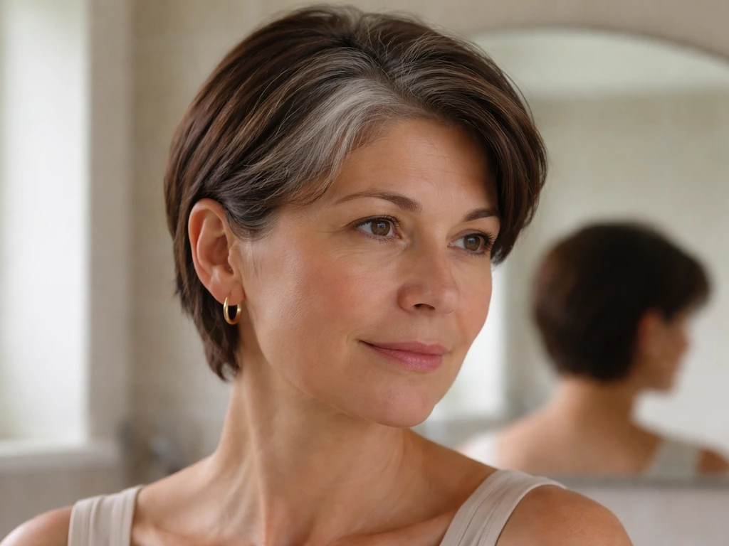 UK woman with short grey regrowth at temples in a simple bright bathroom, early grow-out look.