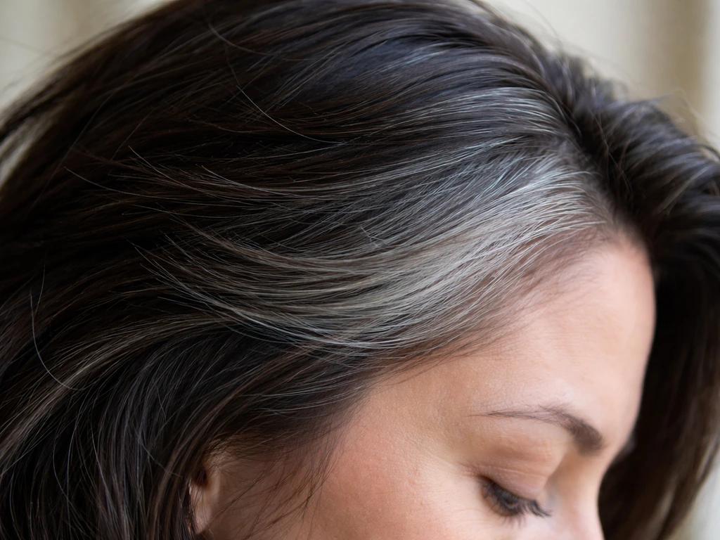 Close-up of hair showing temple-first greying with dyed mid-lengths contrasting the natural grey.