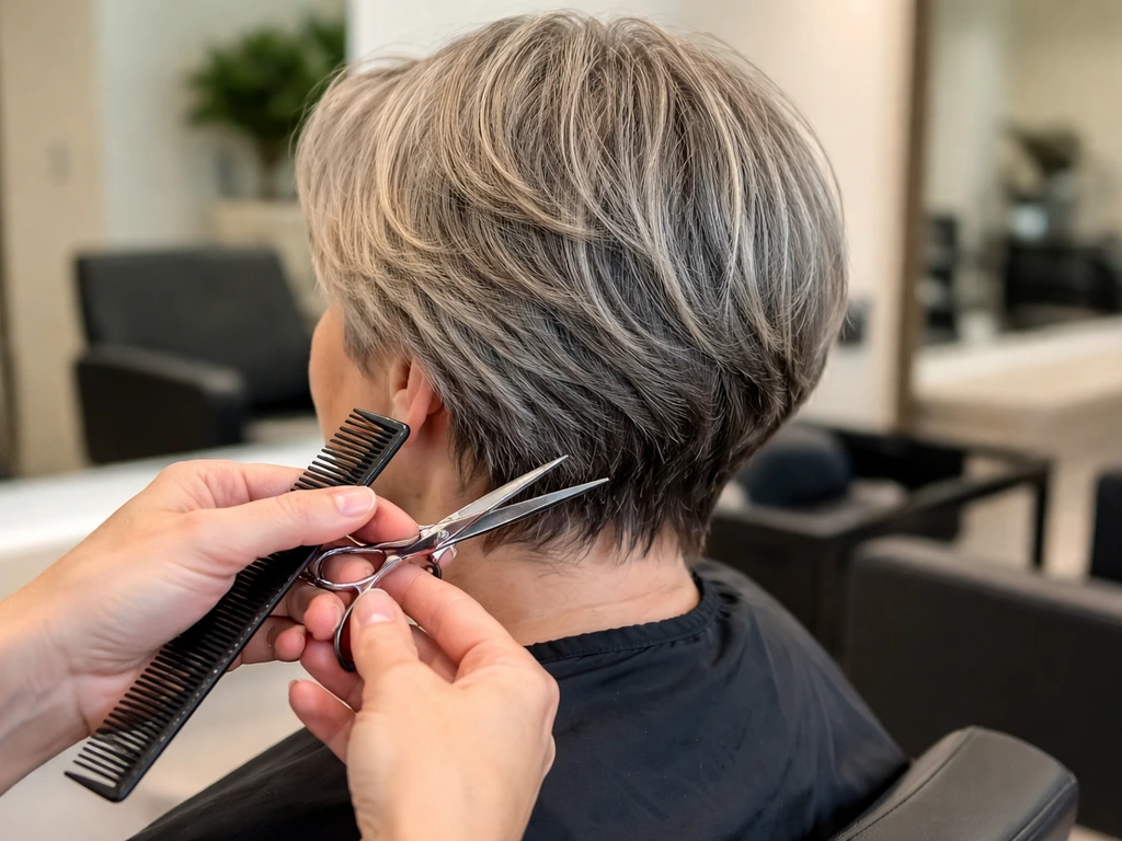 Hairdresser trims the ends of a grey grow-out haircut in a UK salon chair for a subtle shape-up