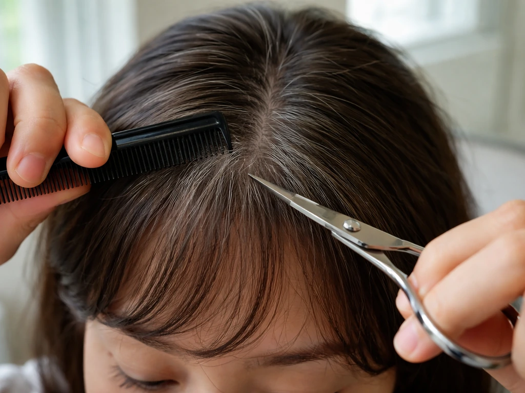 Person trimming fringe at home to blend grey regrowth near the front hairline