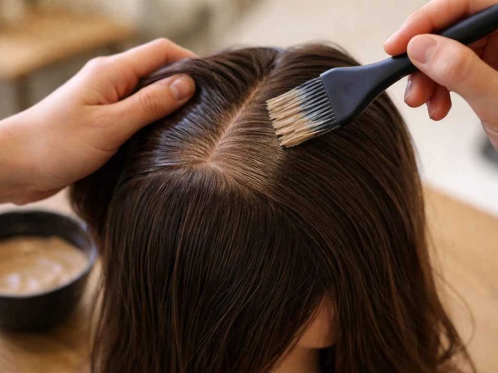 Hands brushing hair color on a mannequin head, showing a soft blended root-to-length transition.