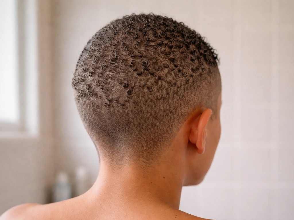 Close-up of a person’s shaved scalp with short, newly regrowing curly hair starting to curl