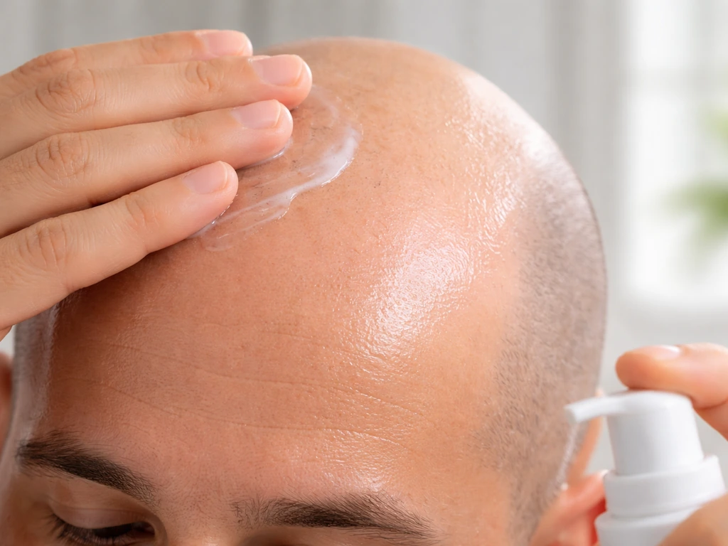 Close-up of a freshly shaved, moisturized scalp with a hand applying sunscreen or lotion.