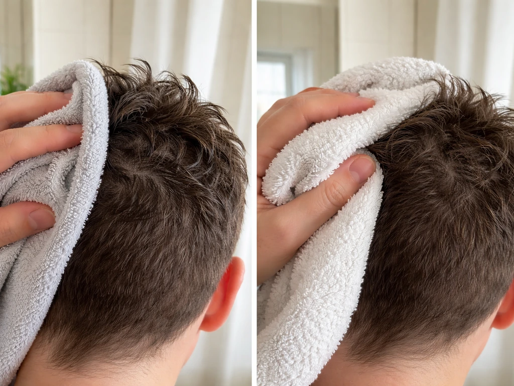 Close-up of hands styling short regrowth curls with a microfiber towel, one side gently scrunched