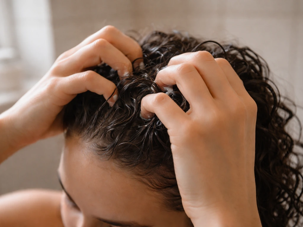 Person scrunching curl cream into damp regrowth for defined clumps, natural hair texture