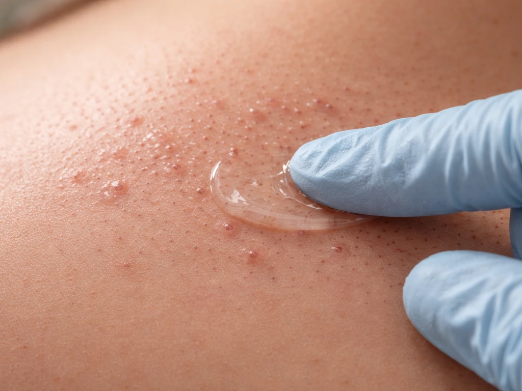Close-up of shaved stubble on skin with a gloved hand applying a clear soothing antiseptic gel to reduce bumps.