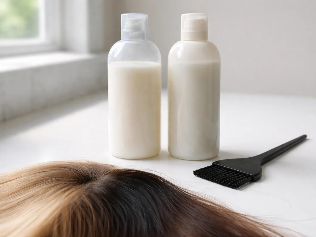 Close-up of hair roots and colored lengths with a tint brush and color-safe shampoo and conditioner bottles
