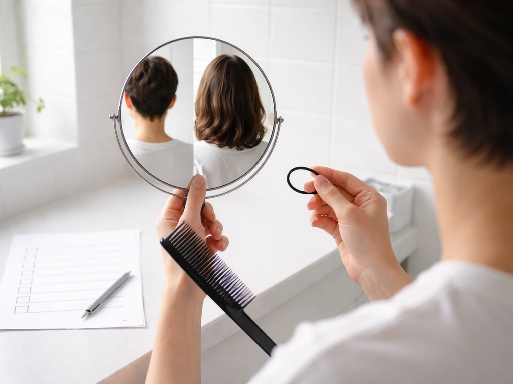 Person in a bathroom holding a mirror and comb, with a blank checklist on the counter beside them.