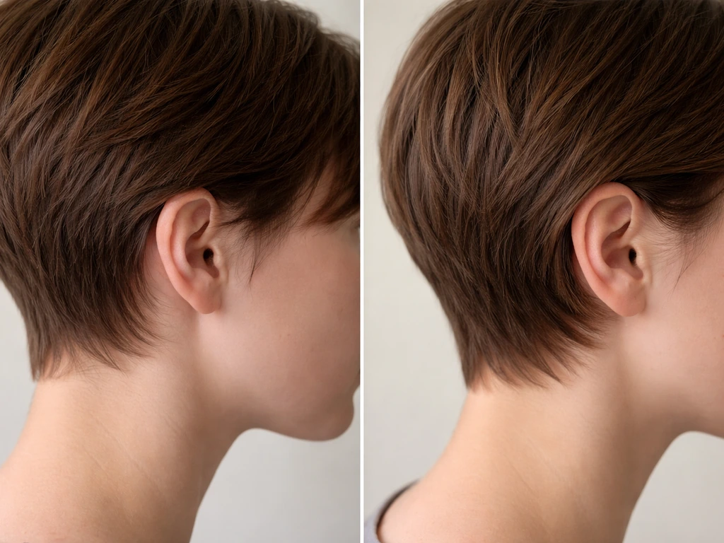 Side-by-side closeup showing a pixie-length and a longer crop starting point around the neckline and ears.