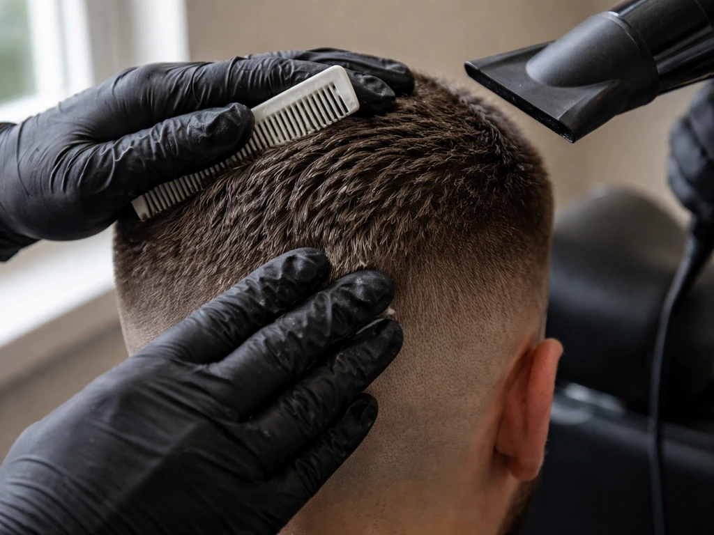Barber’s hands applying light styling cream to a short buzz-cut grow-out with a comb and blow-dryer.
