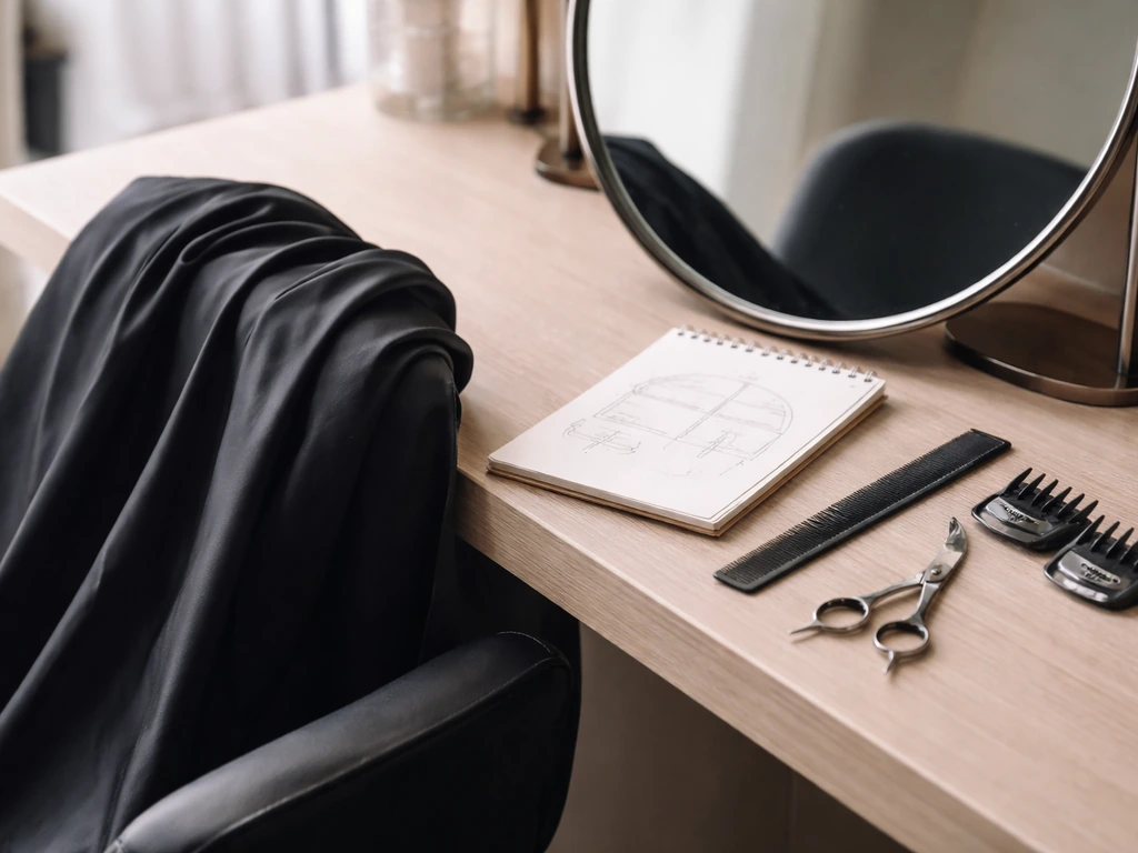 Hairdresser’s cape and tools on a salon counter beside a mirror for a hair shape assessment.