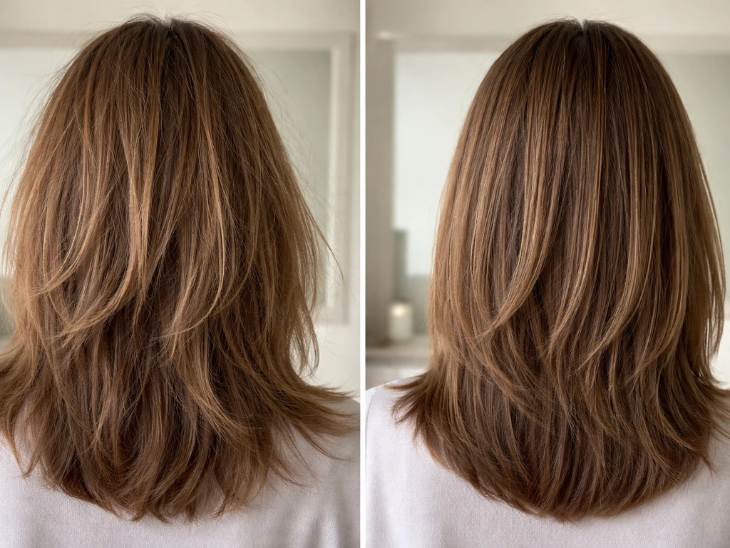 Split-view close-up of hair grow-out: uneven layers on one side, blended even layers on the other.