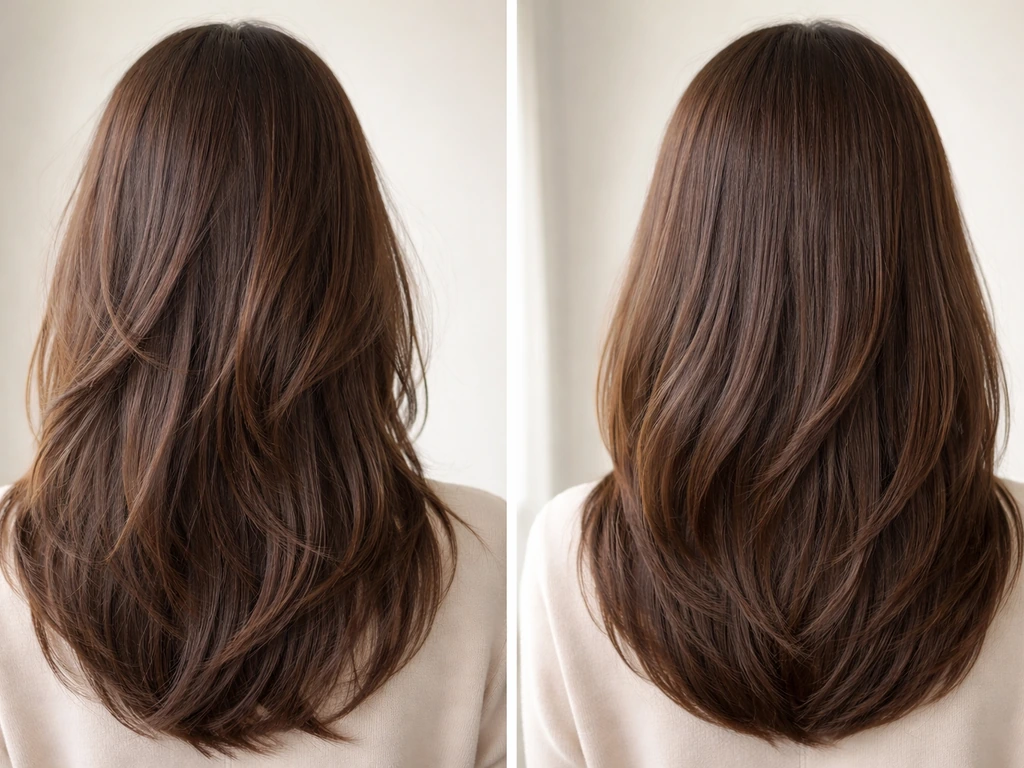 Hair strands shown before and after: length uniformity versus blended, even shape across layers.