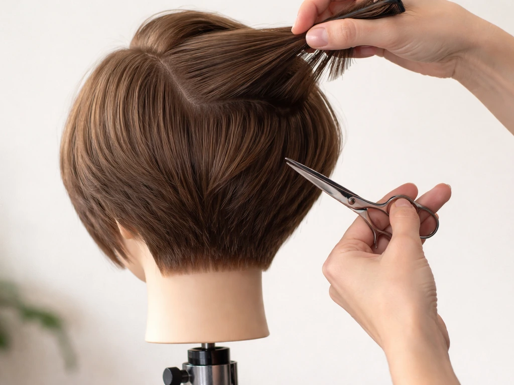 Stylist’s hands holding a hair section over a mannequin head, showing layered haircut unevenness concept.