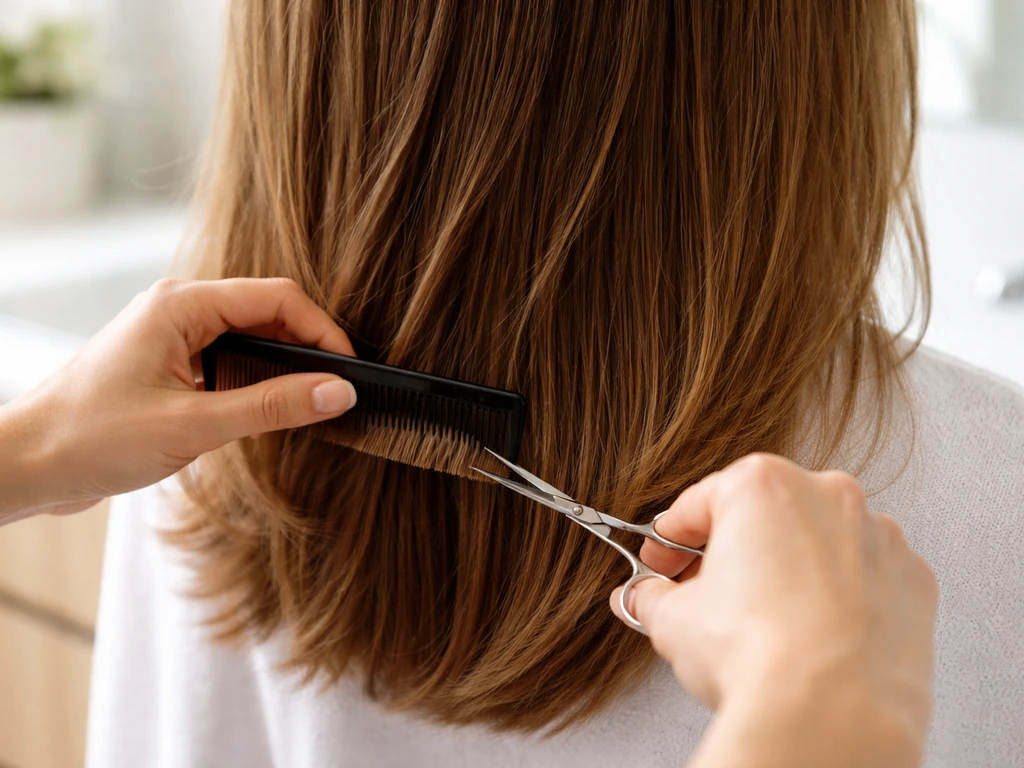 Hands section and trim the bottom hair perimeter with a comb and small scissors in a bright bathroom.