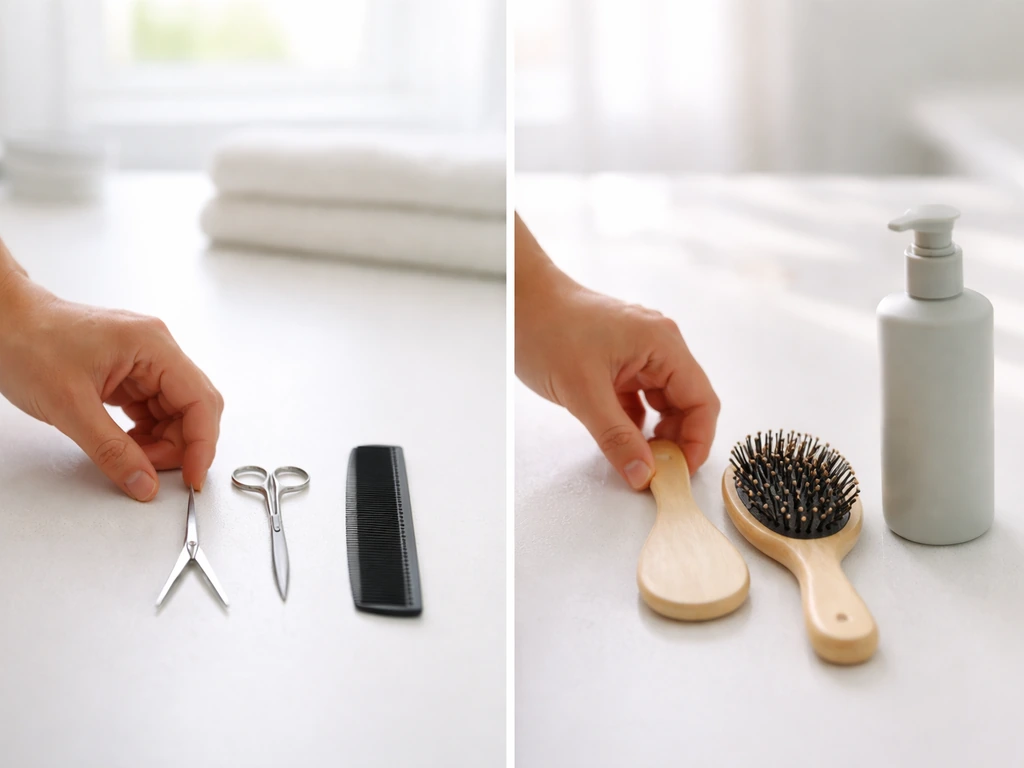Minimal desk scene with two separate hair-care tools representing keep trimming vs grow-out.