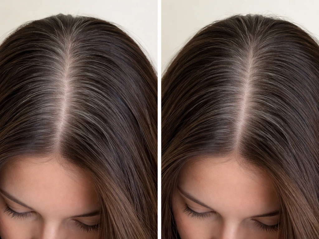 Split-screen photo showing hair with short visible white/grey roots at the part line