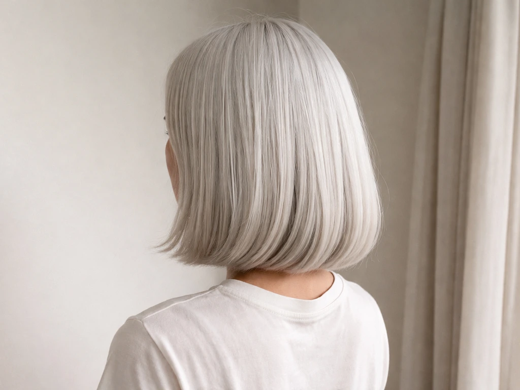 Person with uniform shoulder-length silver/white bob hair showing an intentional transition cut.