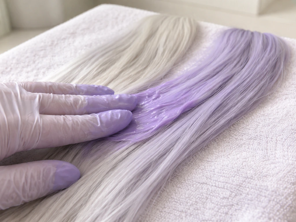 Gloved hand applying purple toner to white/silver hair strands on a clean towel in daylight