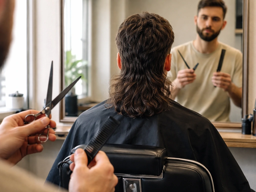 Barbershop mirror scene showing scissors and comb, with business-front/party-back mullet grow-out visible.