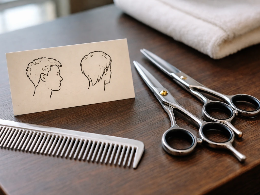 Barber comb and scissors next to a small haircut reference card showing front/side shaping vs growing back