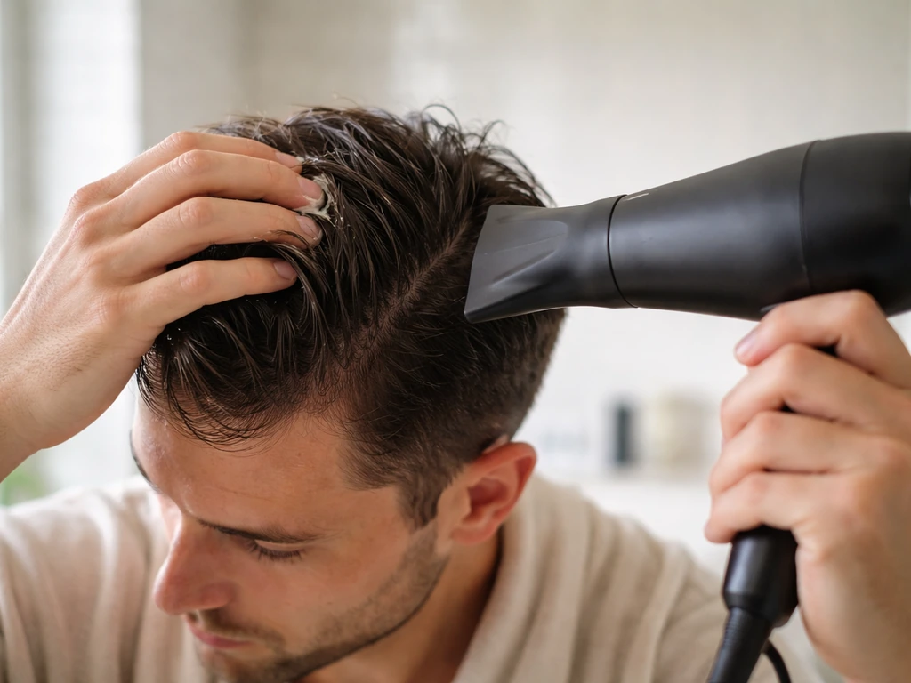 Anonymous hands apply texturizing cream to damp front/top hair while blow-drying forward in a bathroom